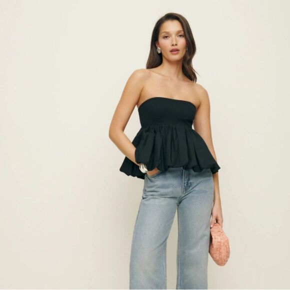 NWT Reformation Simone Strapless Bubble Hem Peplum Black Top Size Small $128 - Picture 2 of 11